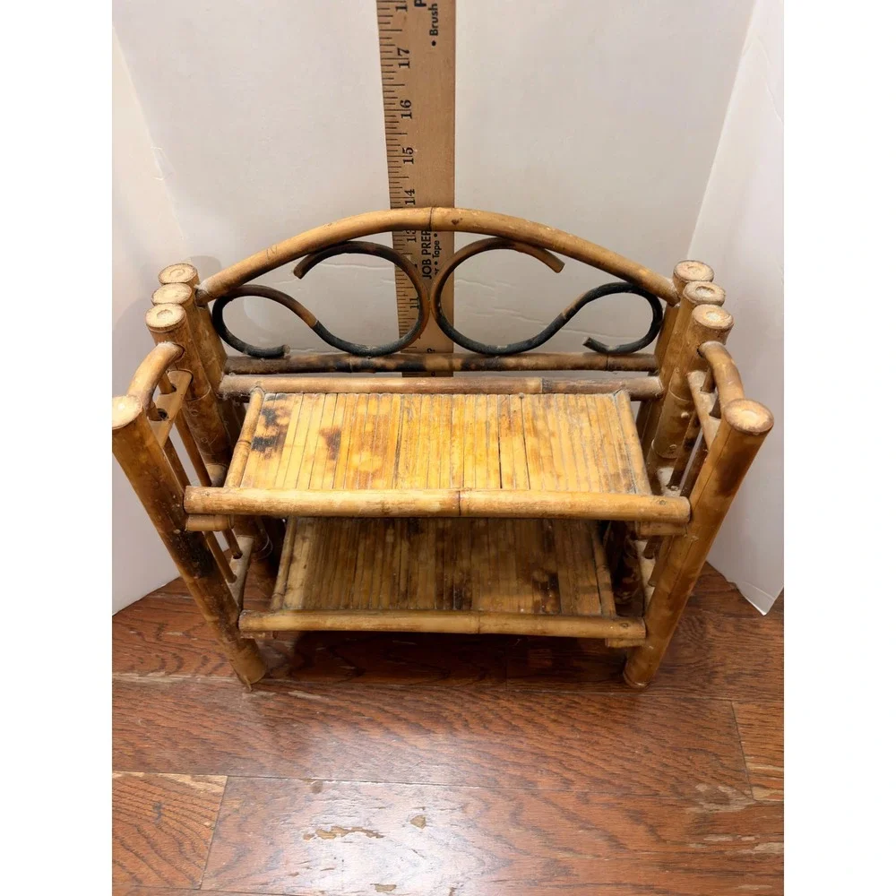 Vintage Burnt Bamboo Folding Wall Shelf Tortoiseshell Mini Boho Rattan Etagere